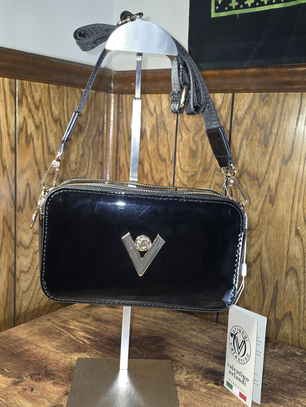 Valentino Orlandi Black Patent Crossbody with Gold V Accent